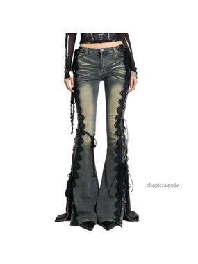 Y2K Low Rise Stretchy Flare Jeans Side Lace Up Button Slit Ankle